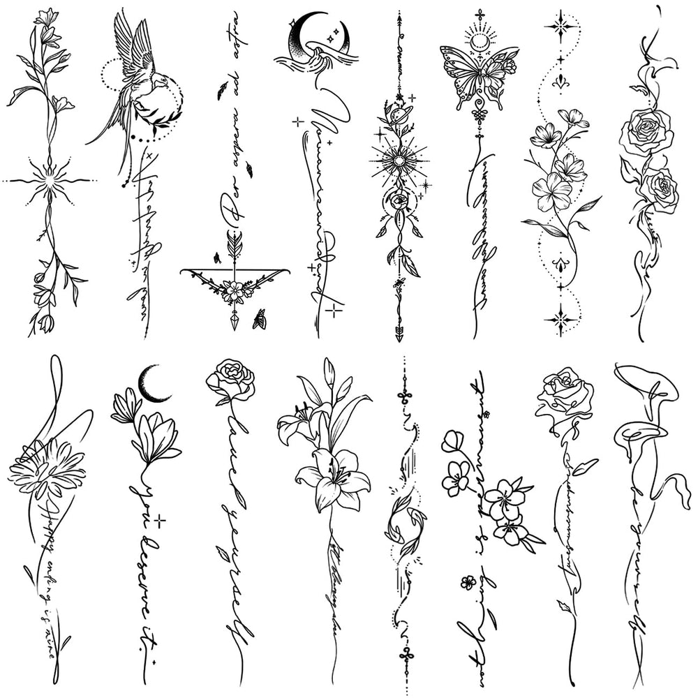 Tatuajes temporales CHARLENT con líneas y flores, para brazos o espalda.