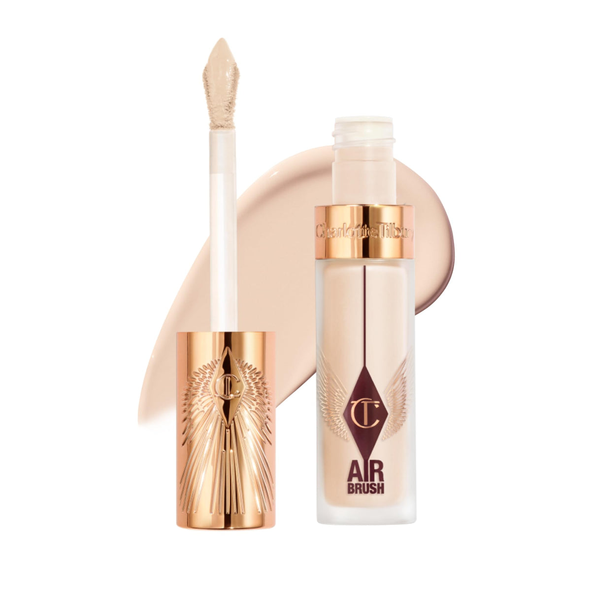 Charlotte Tilbury AIRbrush Flawless Blur Concealer bottle close-up with sleek packaging and hydrated finish.