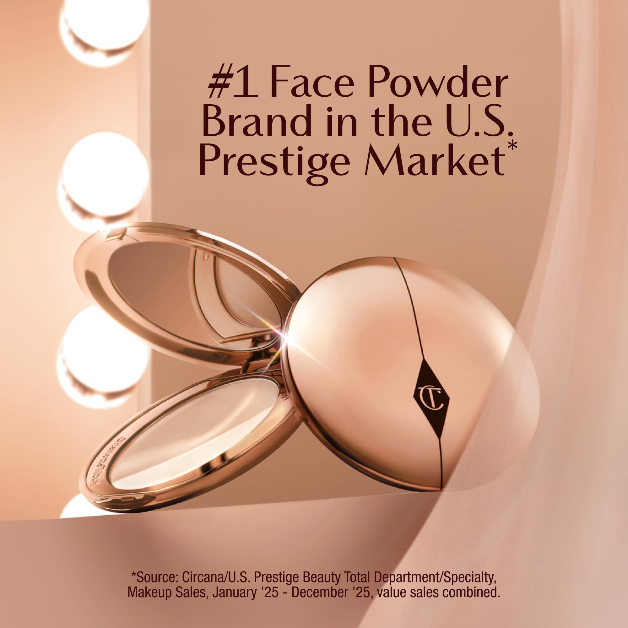 Charlotte Tilbury Airbrush Flawless Finish Powder compact lid demonstrates portable setting for on-the-go touch-ups.