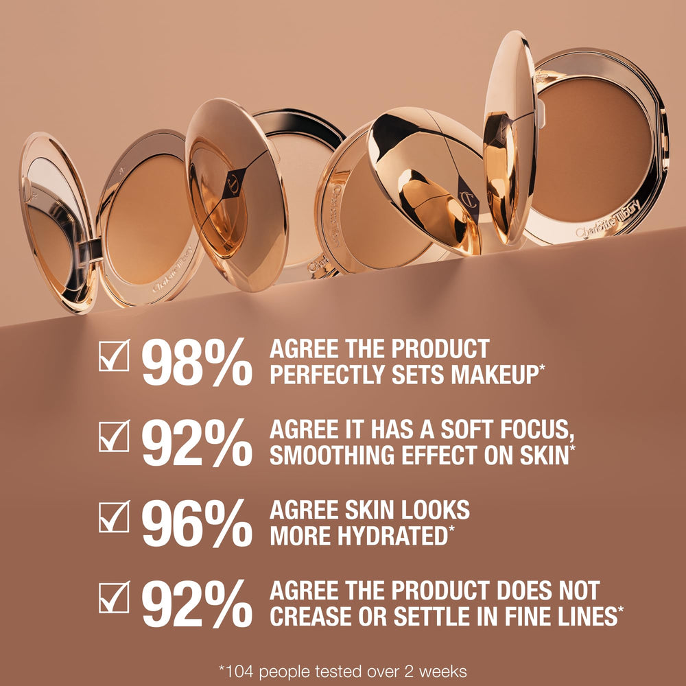 Charlotte Tilbury Airbrush Flawless Finish Powder sets foundation for lasting shine-free look.