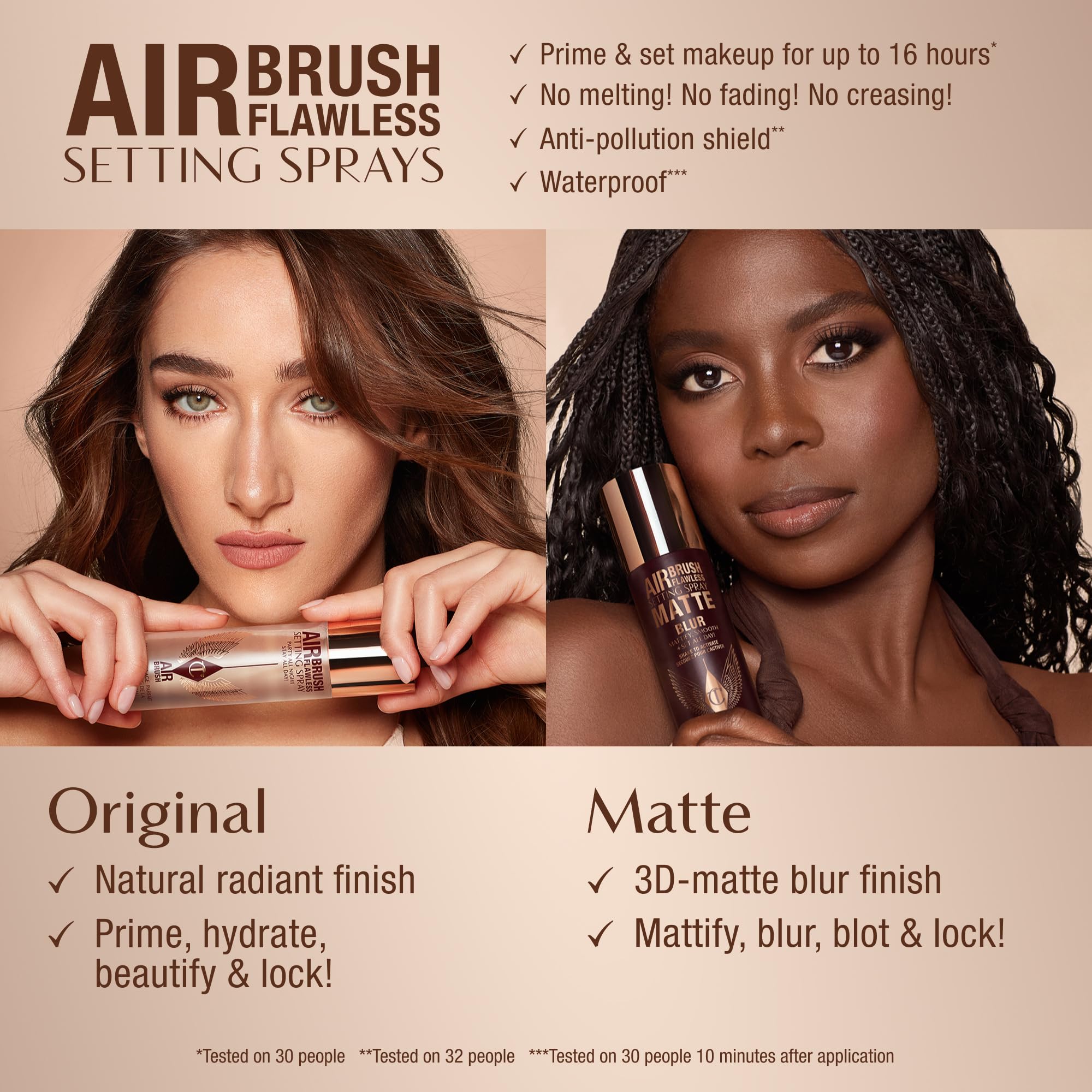 Charlotte Tilbury Airbrush Flawless setting spray delivers an even mist at 6–8 inches for priming.