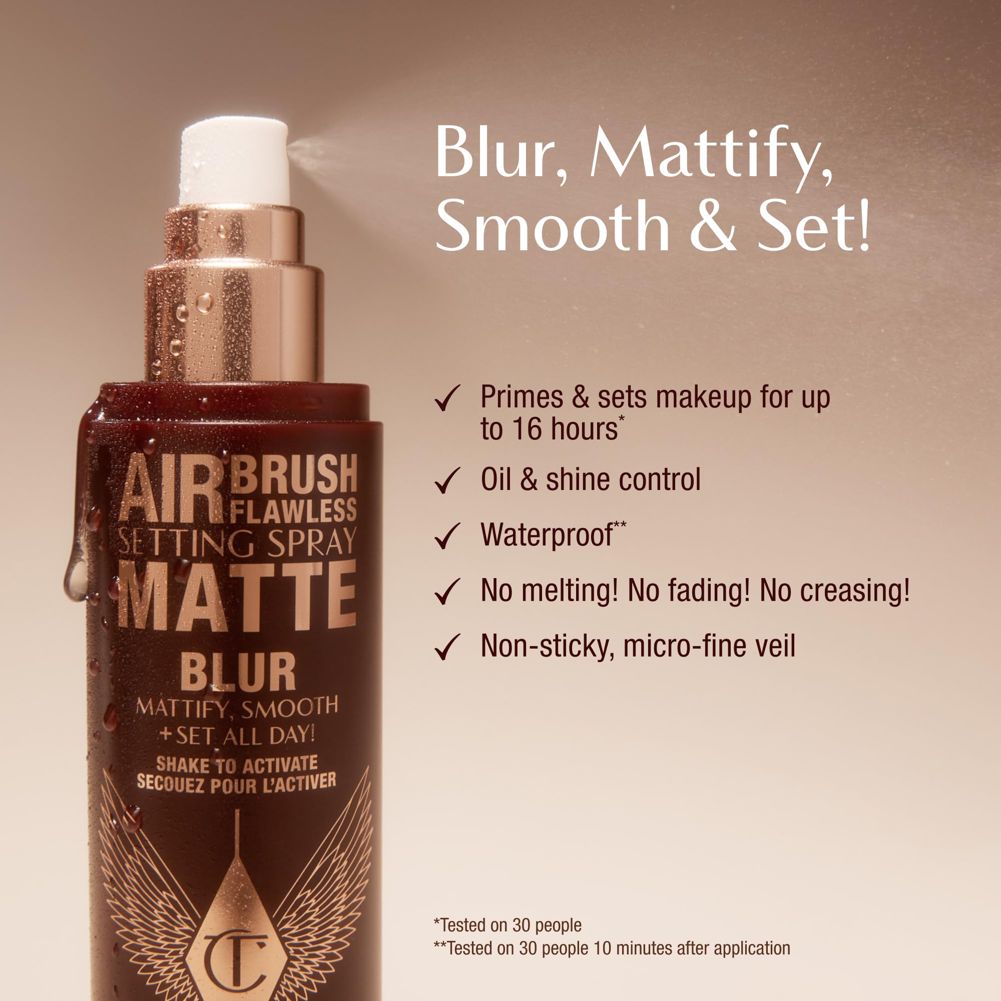 Fine mist from the Charlotte Tilbury bottle delivers a hydrating, pore-blurring finish.