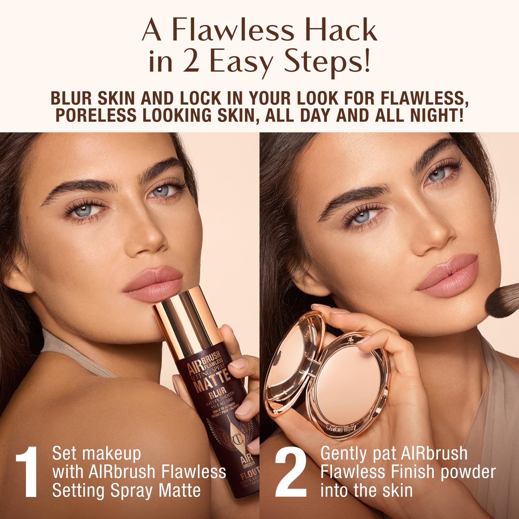 Charlotte Tilbury Airbrush Flawless setting spray seals makeup with a smooth finish.