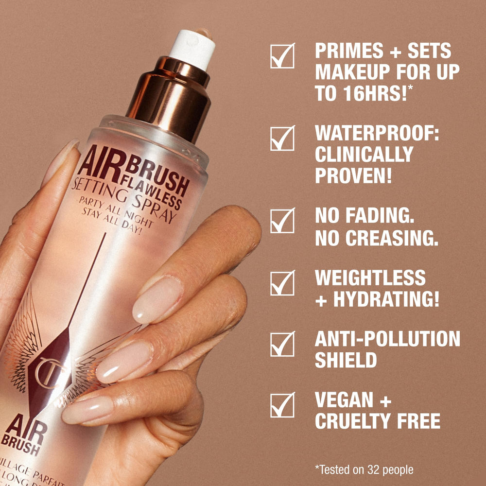 Charlotte Tilbury setting spray mist-on-face demonstrates light hydration without heaviness