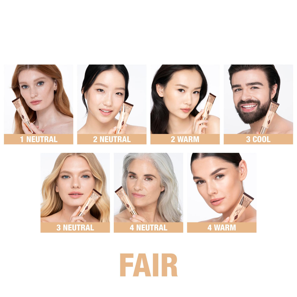 Charlotte Tilbury Beautiful Skin Foundation swatch on cheek showing natural-looking even tone.