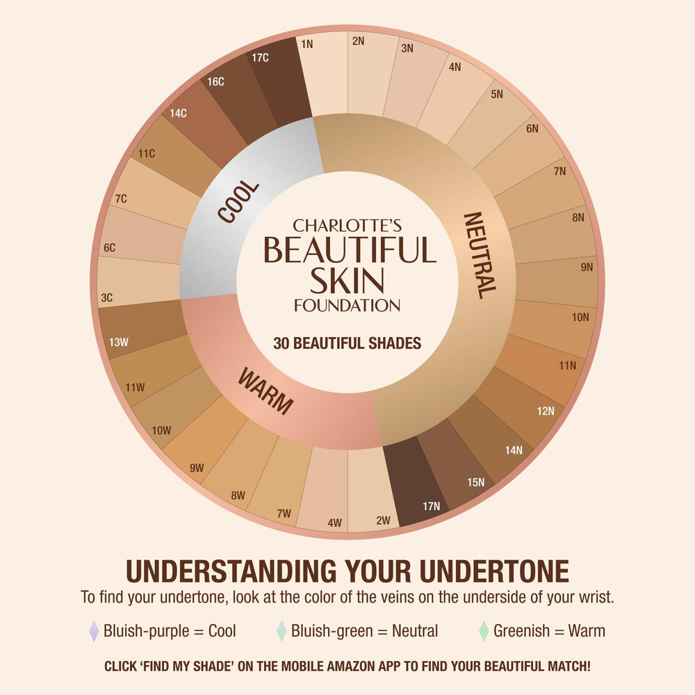 Charlotte Tilbury Beautiful Skin Foundation with Rose Complex for brightening glow.