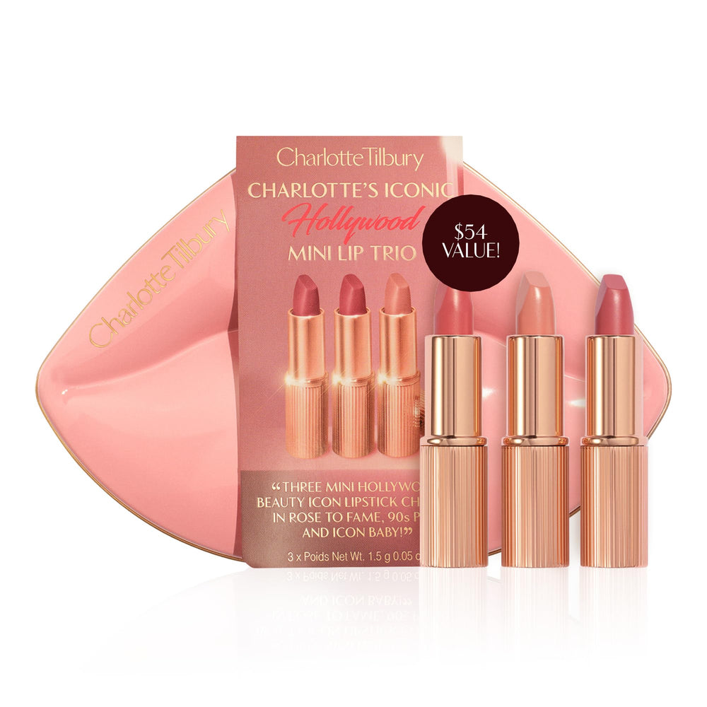 Charlotte Tilbury Iconic Hollywood Lip Trio box shows premium travel-size lipsticks for on-the-go glamour.