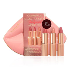Charlotte Tilbury Iconic Hollywood Lip Trio box shows premium travel-size lipsticks for on-the-go glamour.