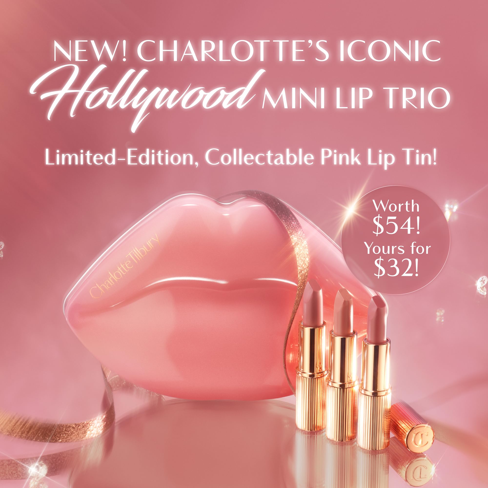 Charlotte Tilbury Iconic Hollywood Lip Trio red swatch highlights a bold, long-wearing color.