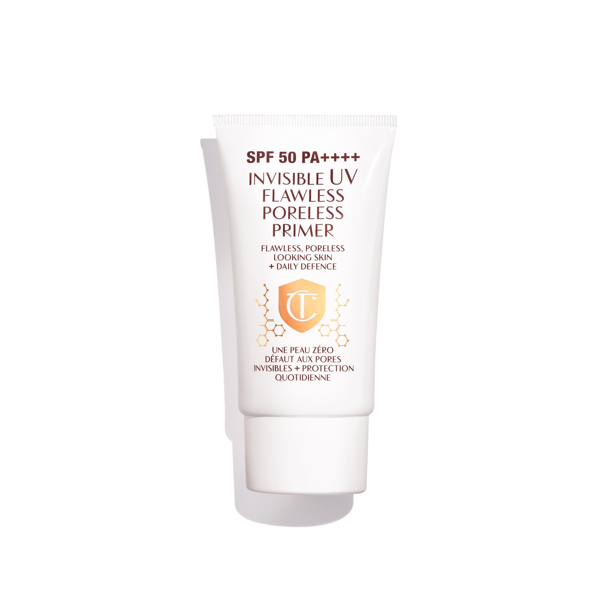 Charlotte Tilbury Invisible UV Flawless Primer blur creates a smooth, poreless base with SPF 50