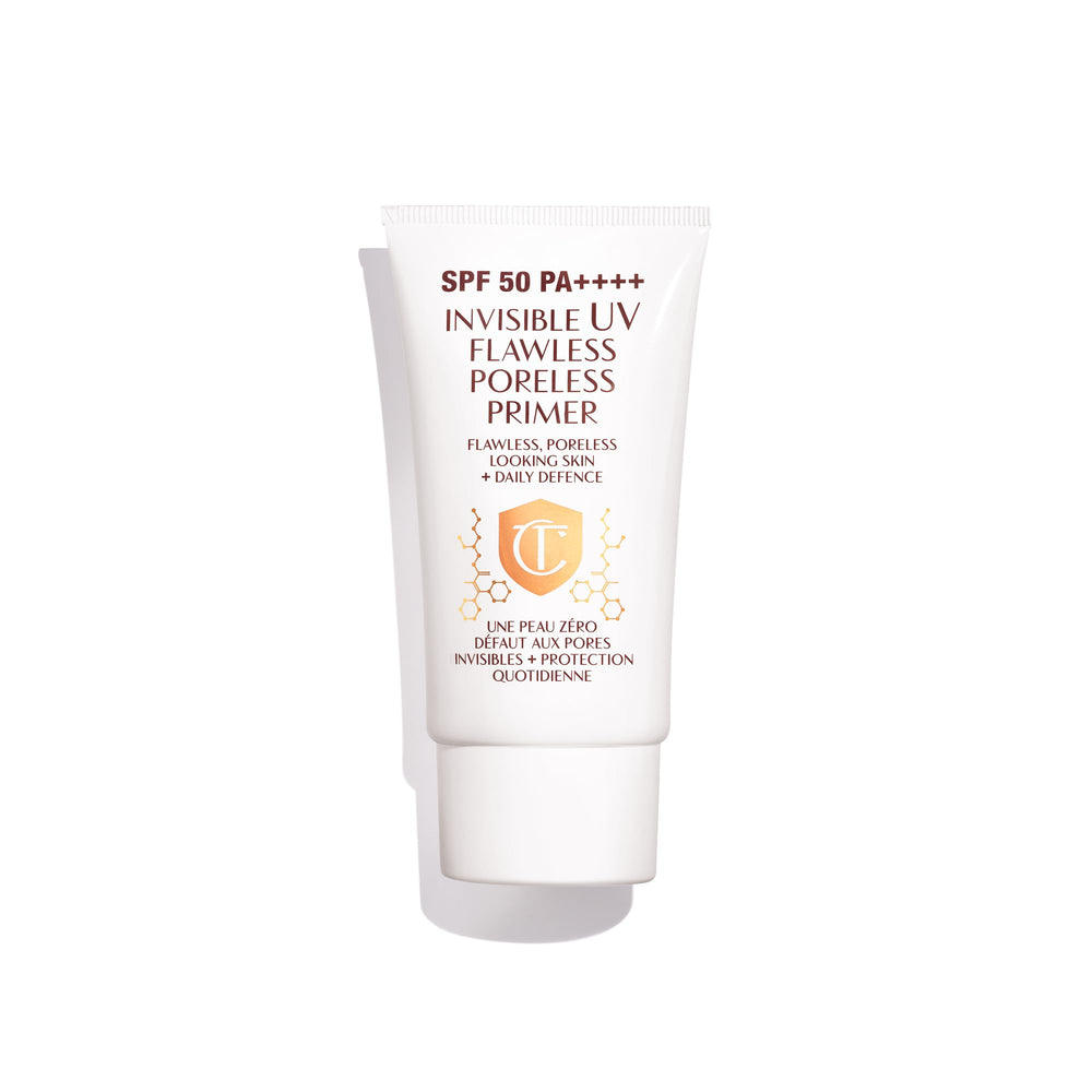 Charlotte Tilbury Invisible UV Flawless Primer blur creates a smooth, poreless base with SPF 50
