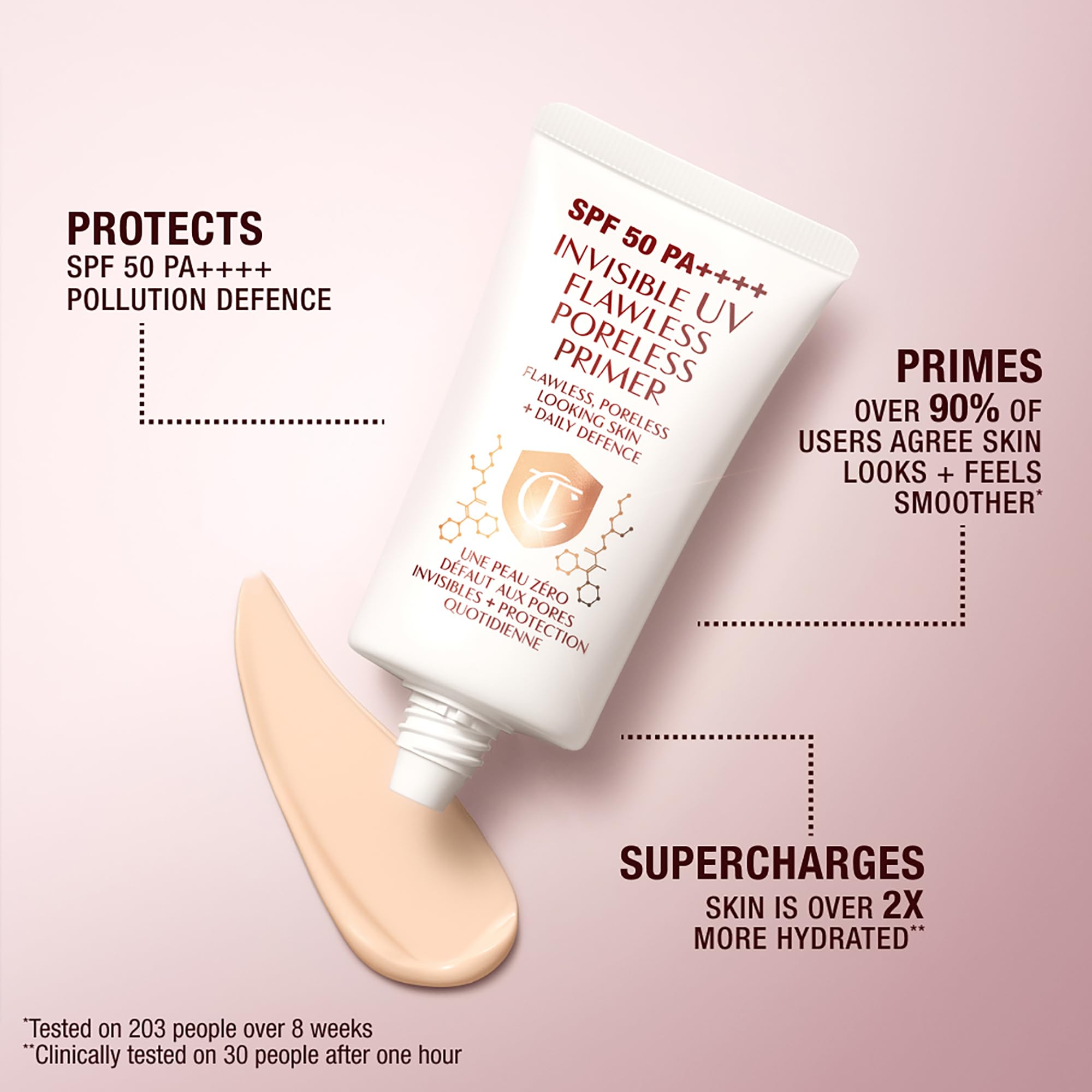 Charlotte Tilbury Hyaluronic acid formula provides lasting moisture for a dewy feel