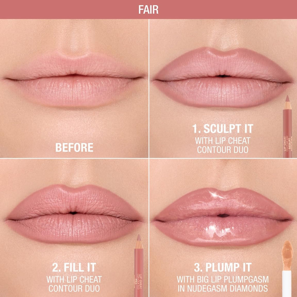 Lip Cheat Contour Duo fills lips with creamy shade for natural color.