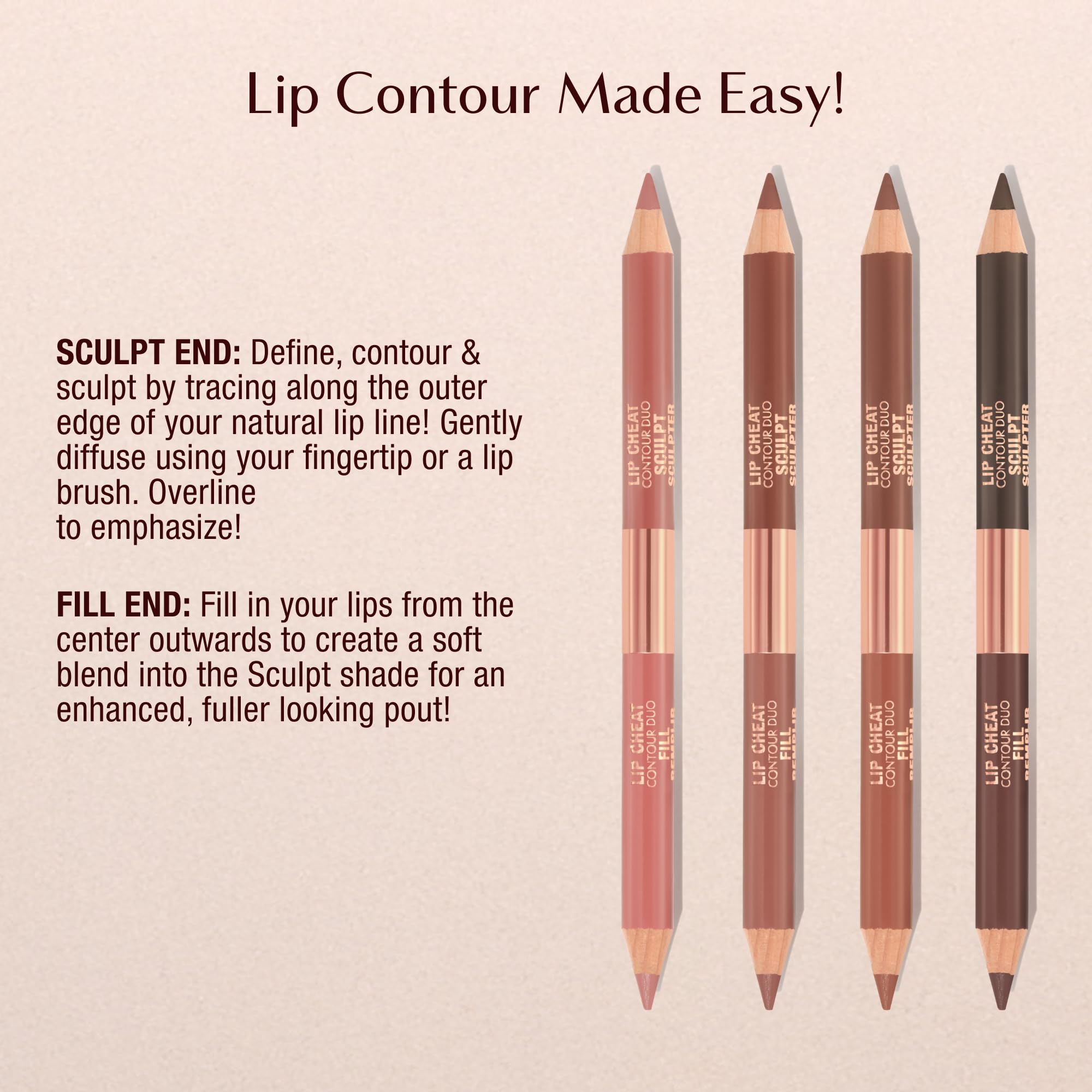 Charlotte Tilbury Lip Cheat Contour Duo provides long-wearing nude lip definition with minimal feathering.