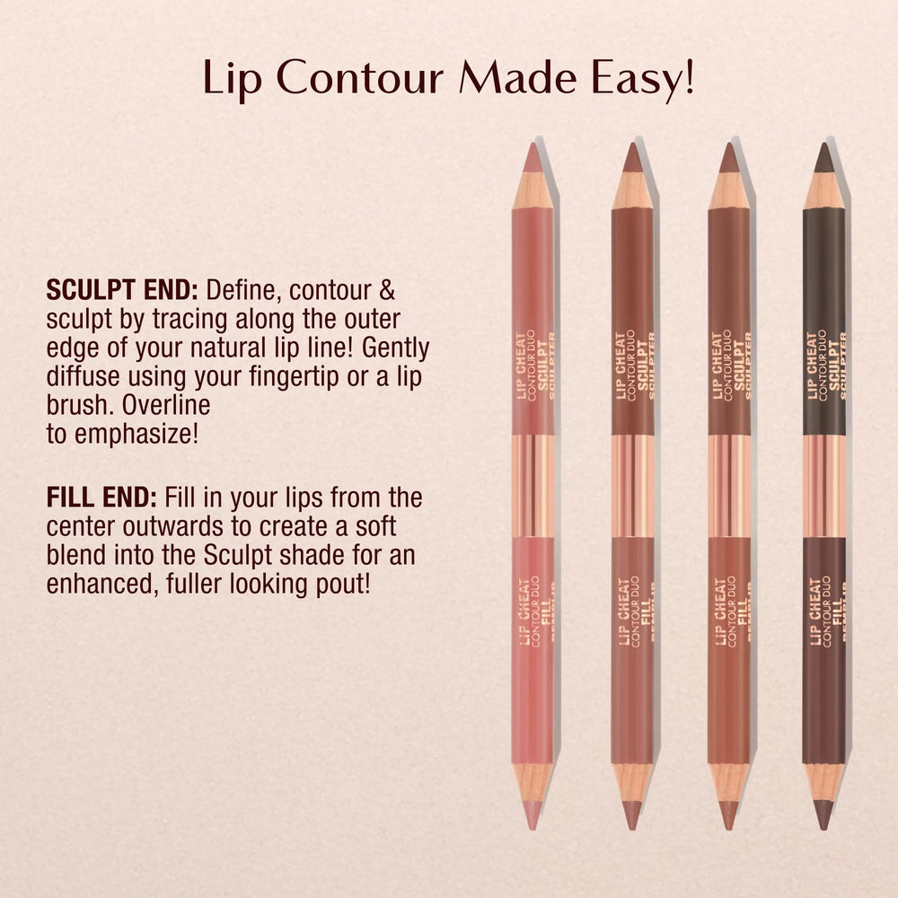Charlotte Tilbury Lip Cheat Contour Duo provides long-wearing nude lip definition with minimal feathering.