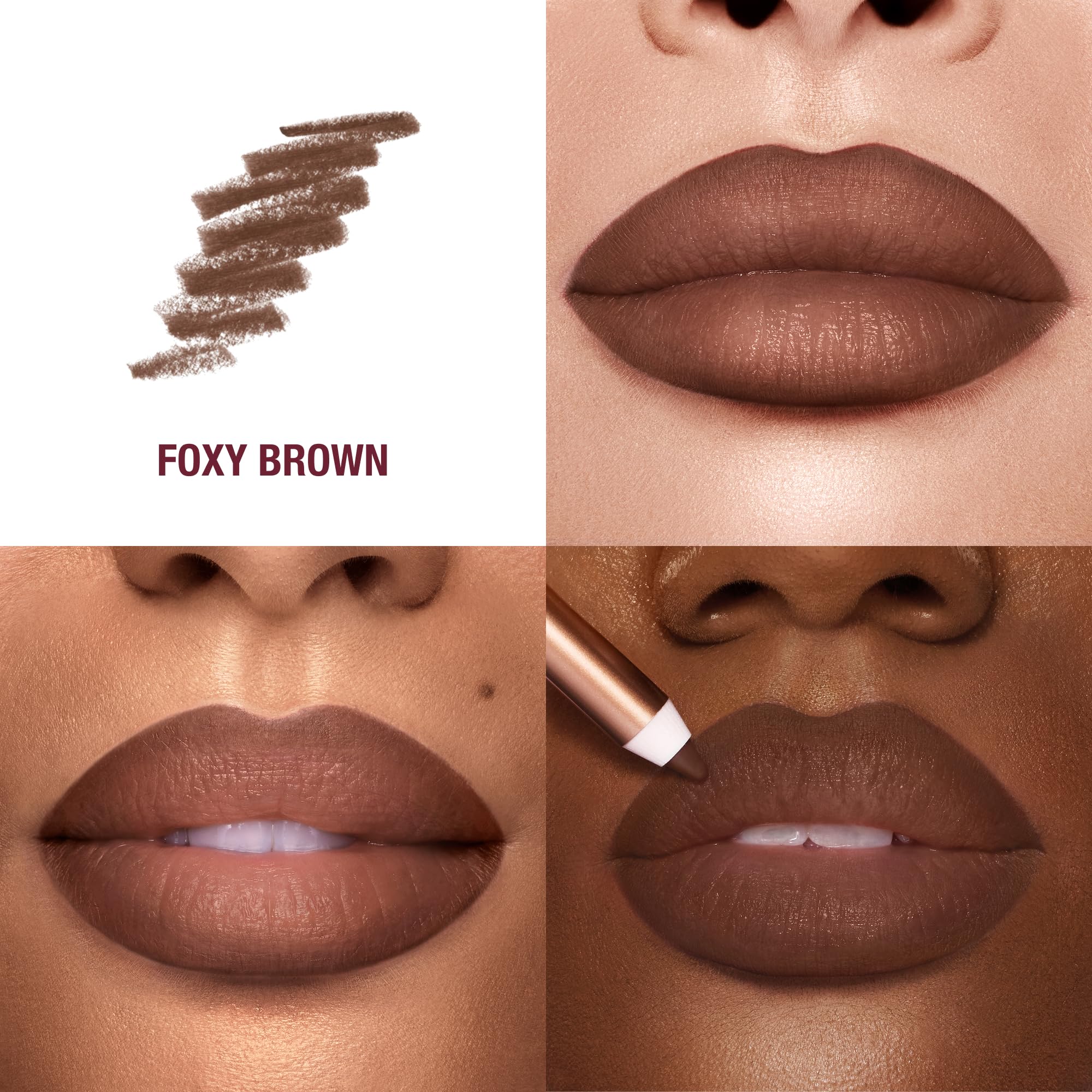 Lip Cheat Foxy Brown swatch on lips shows deep, defined color.