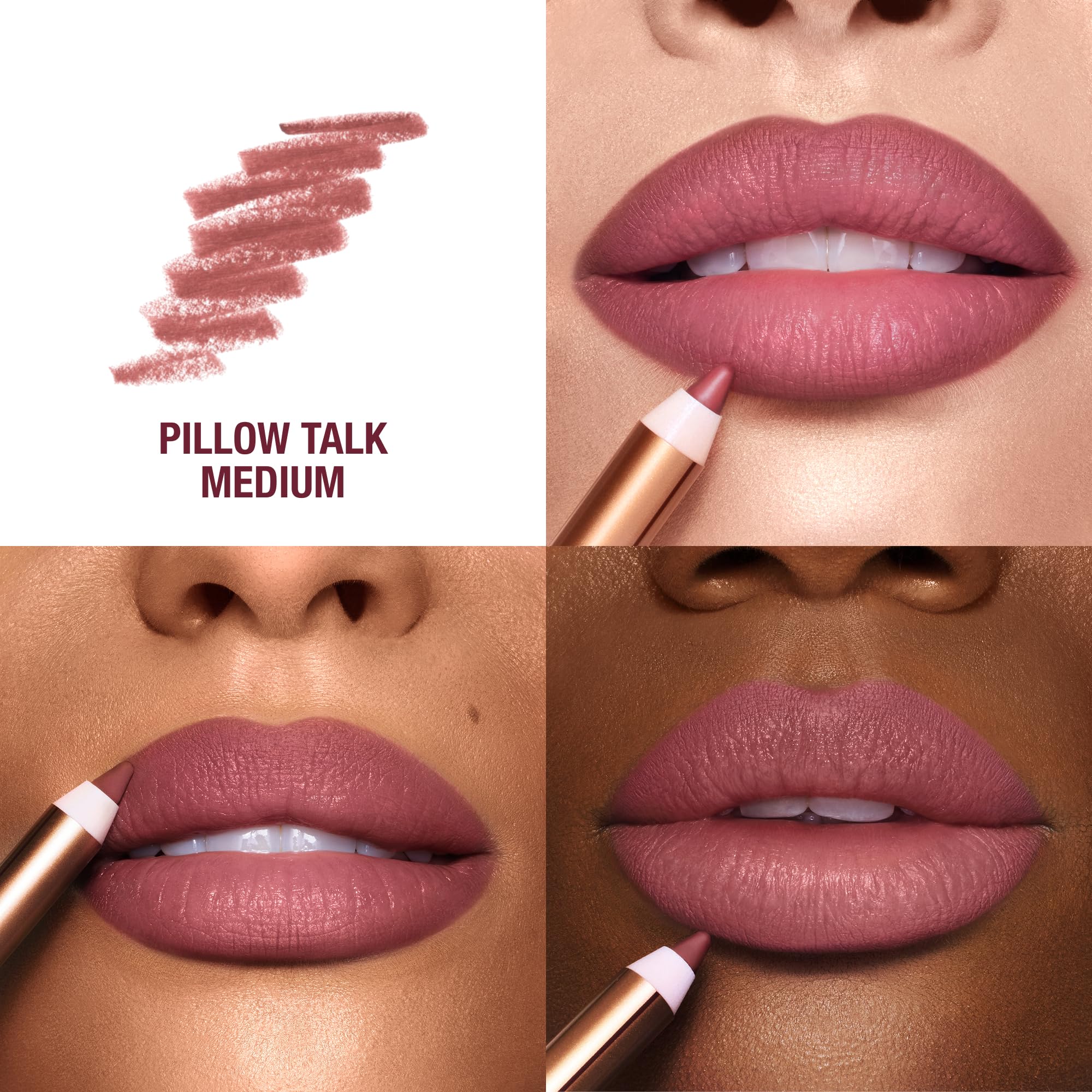 Charlotte Tilbury Lip Cheat Pillow Talk Medium pencil-tip closeup showing precise lip line.