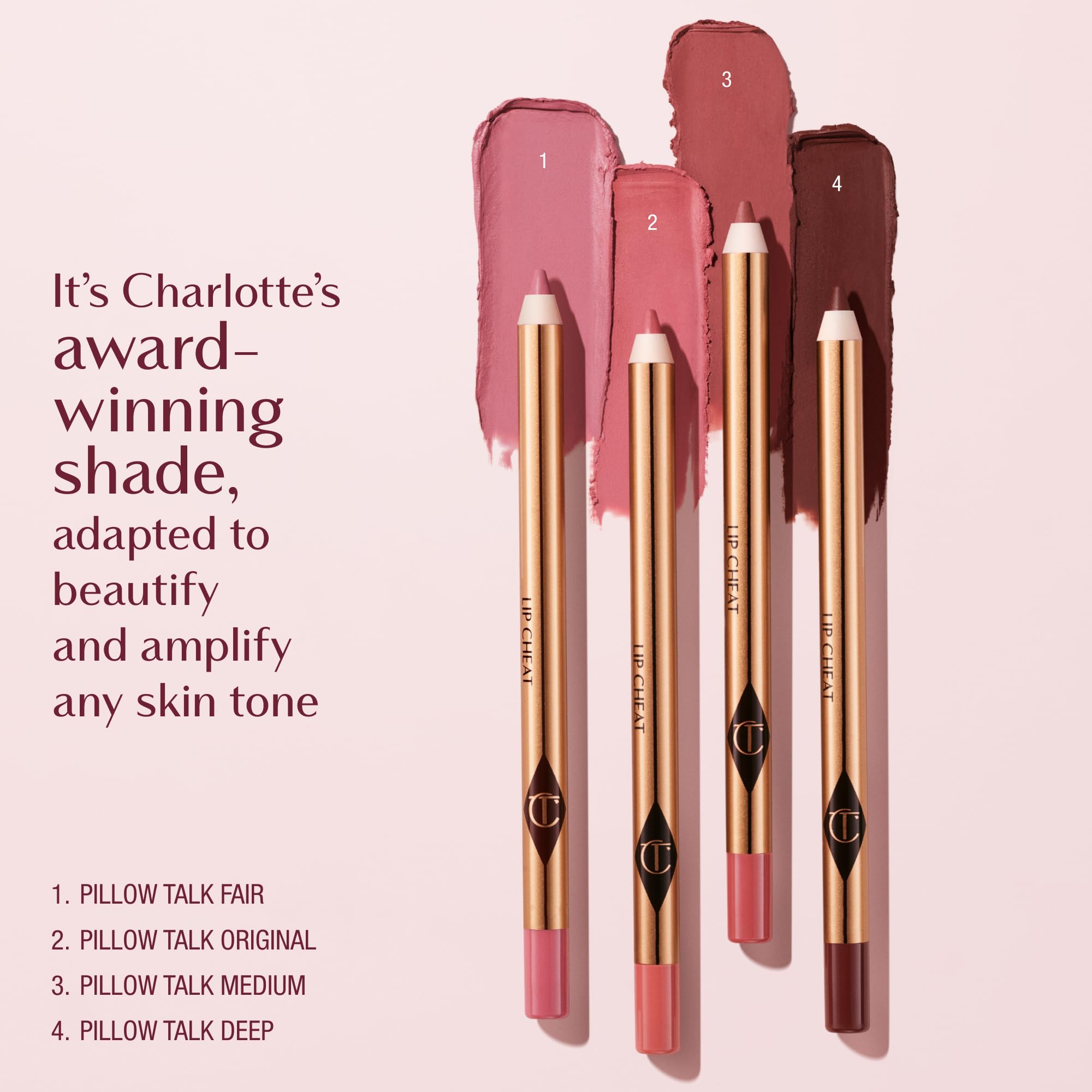 Charlotte Tilbury Lip Cheat Pillow Talk Medium waterproof formula closeup on lip.