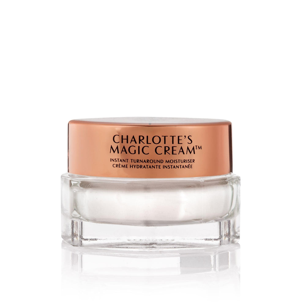 Charlotte Tilbury Magic Cream travel-size with hyaluronic acid for deep hydration and smoother makeup base