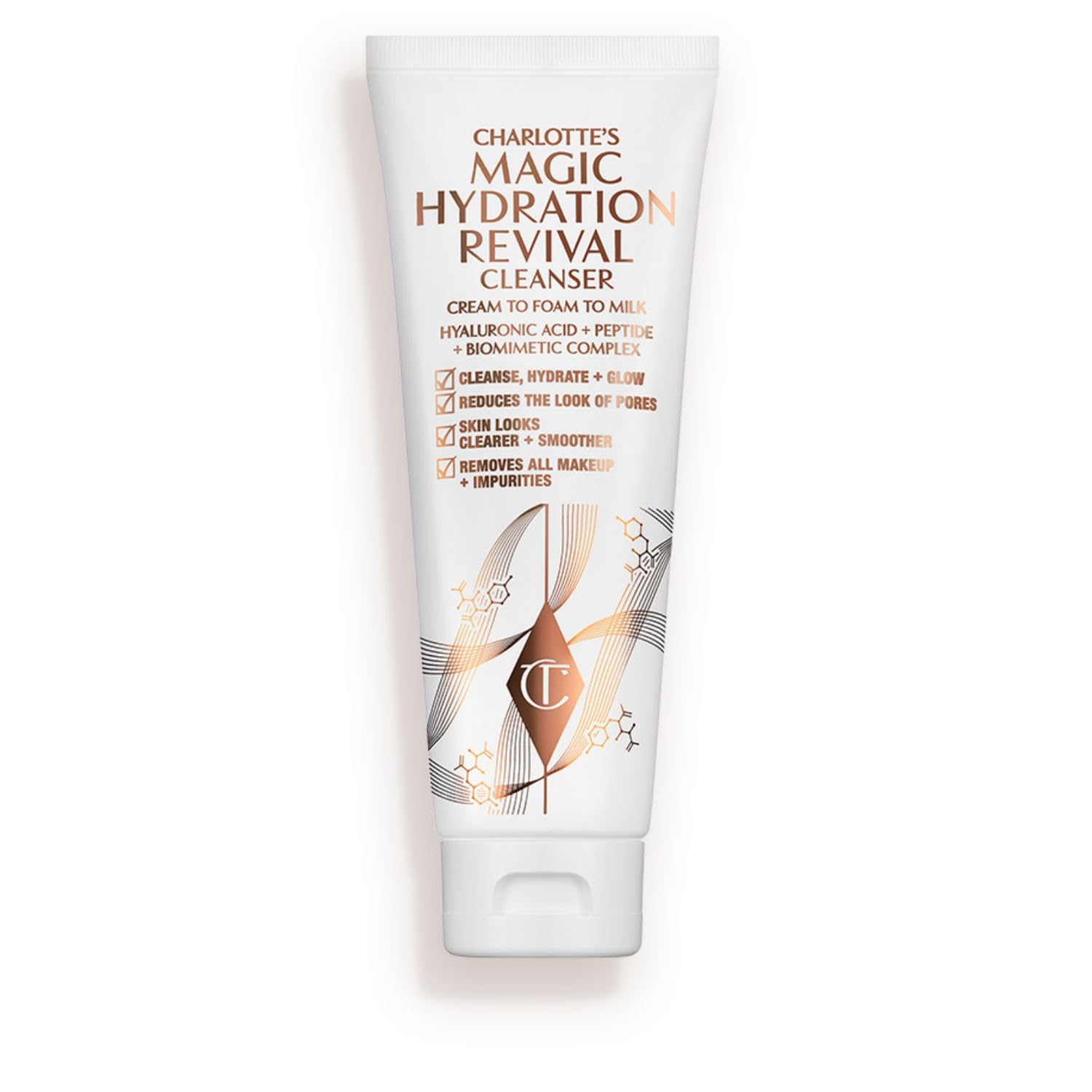 Charlotte Tilbury Magic Hydration Revival Cleanser bottle closeup for hydrating cleansing.