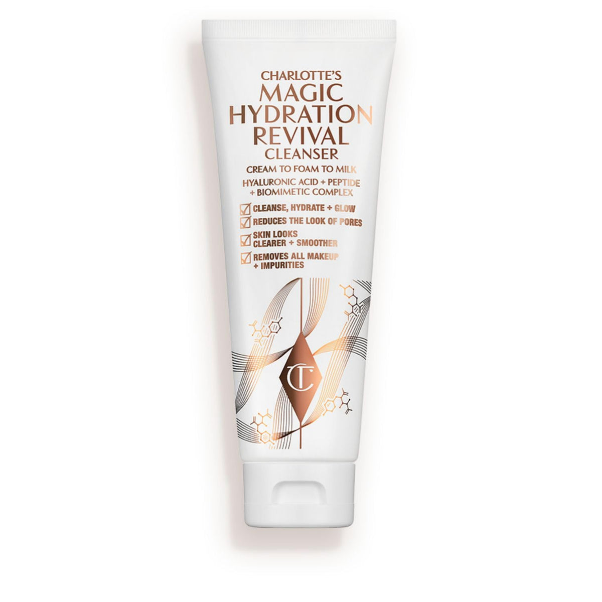 Charlotte Tilbury Magic Hydration Revival Cleanser bottle closeup for hydrating cleansing.