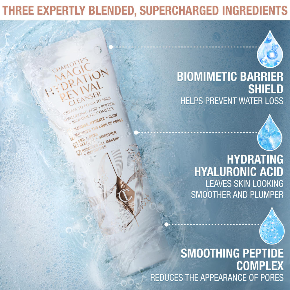 Facial massage using Charlotte Tilbury Magic Hydration Revival Cleanser for spa-like cleansing.