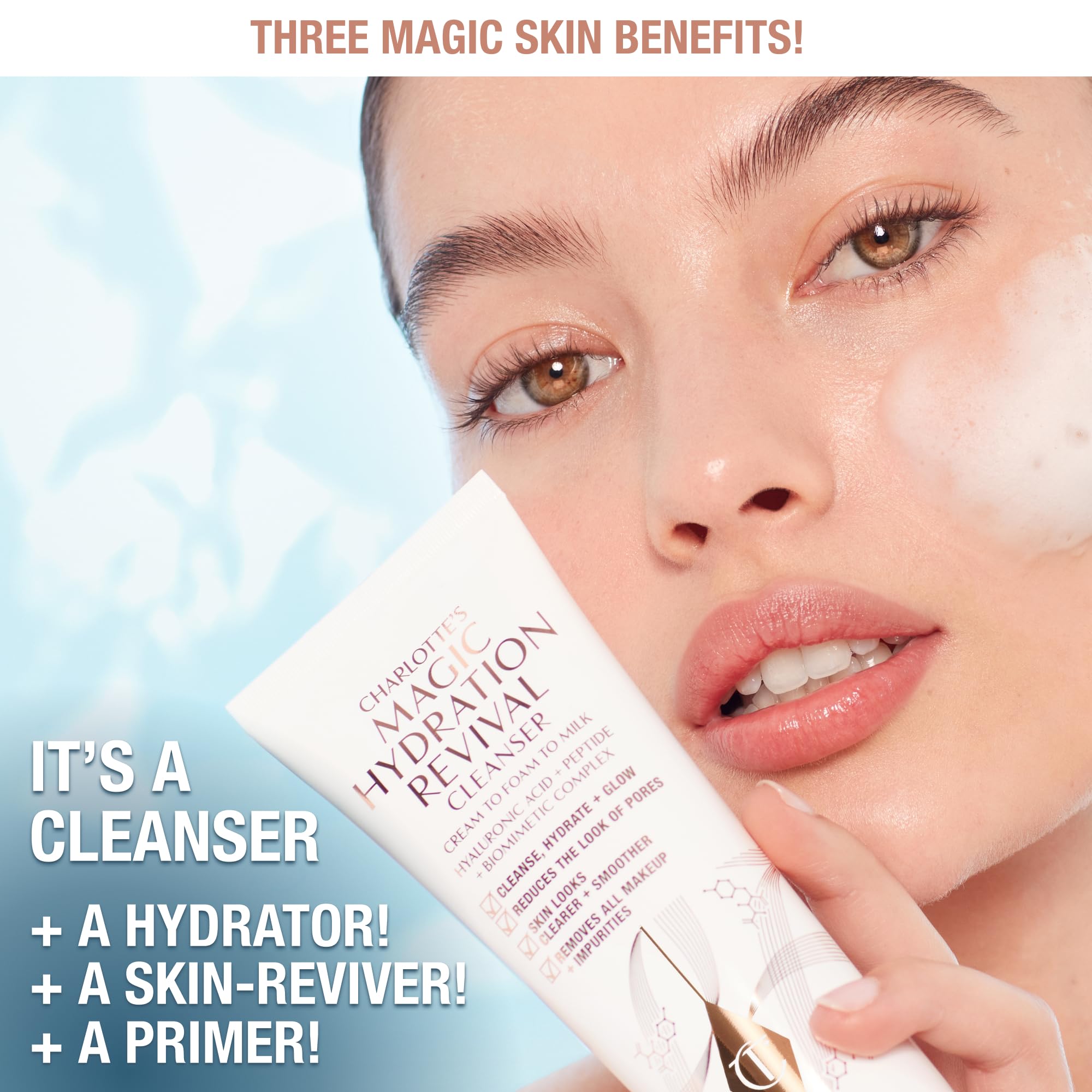 Foam texture of Charlotte Tilbury Magic Hydration Revival Cleanser demonstrates gentle cleansing.