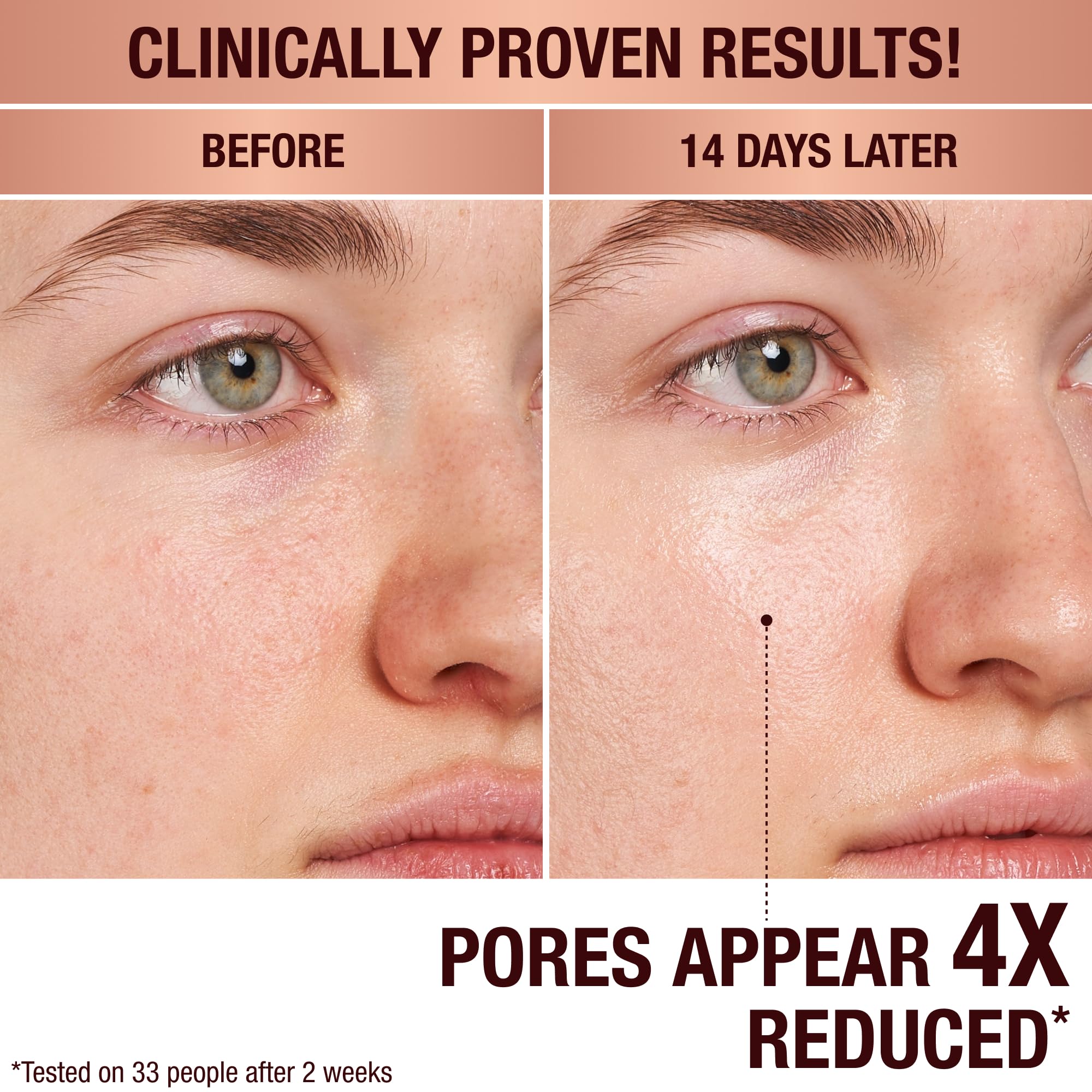 Closeup highlights refined pores after using Charlotte Tilbury Magic Hydration Revival Cleanser.