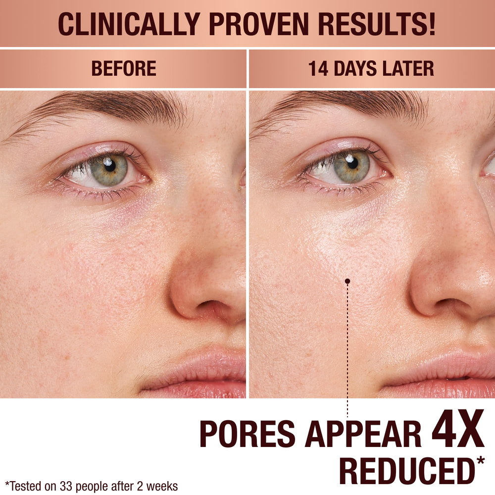 Closeup highlights refined pores after using Charlotte Tilbury Magic Hydration Revival Cleanser.
