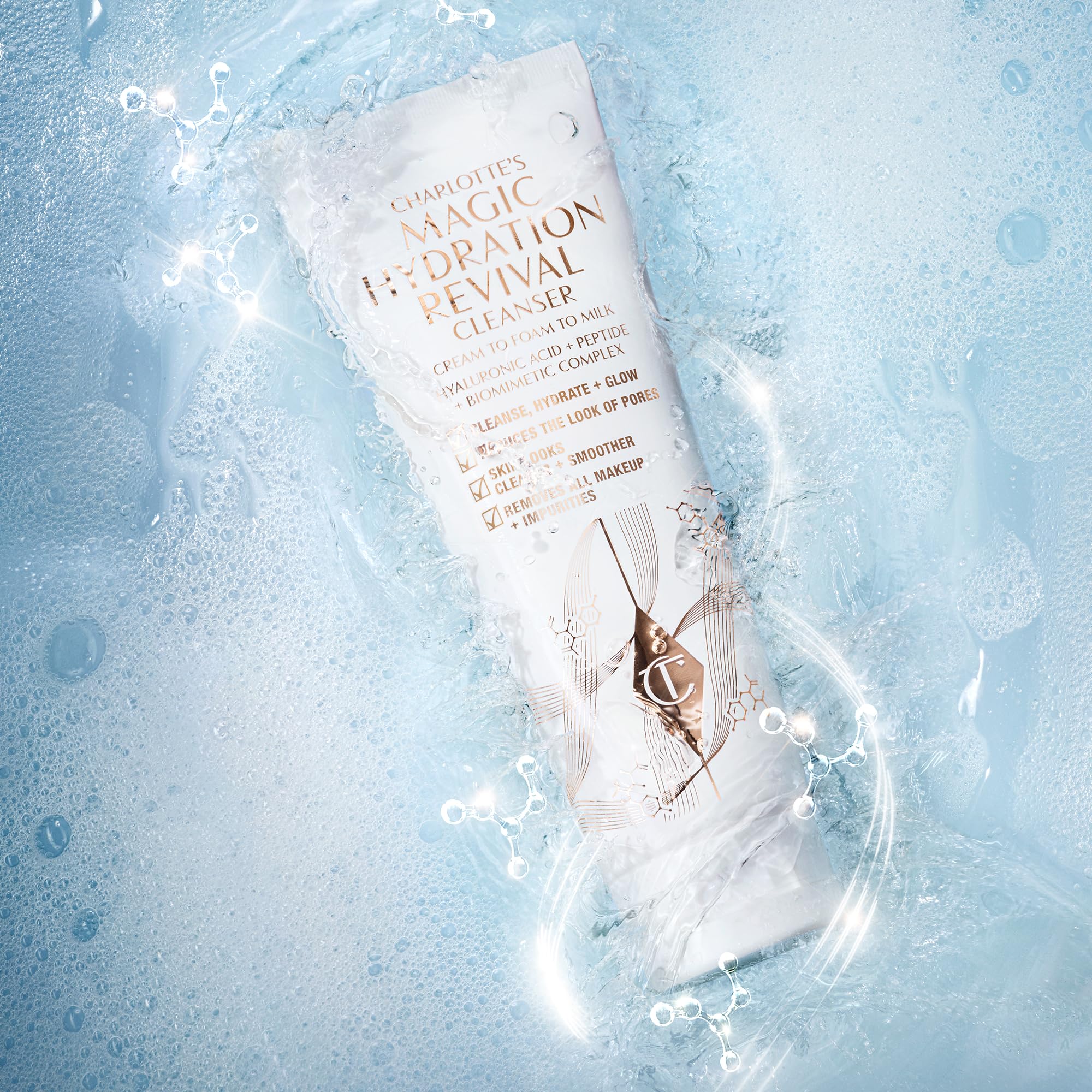 Rinse-off reveals soft, glowing skin with Charlotte Tilbury Magic Hydration Revival Cleanser.