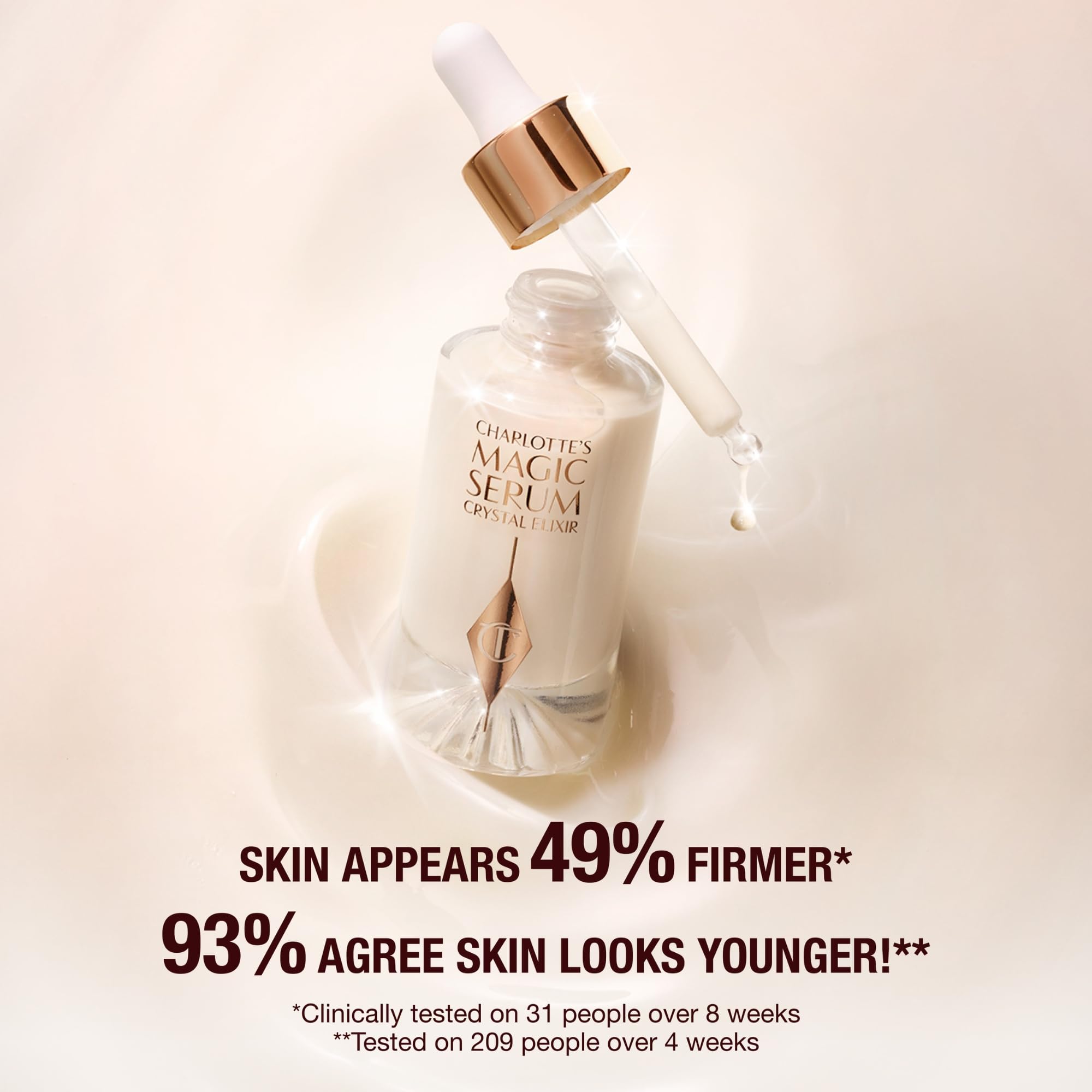 Dispensing pump of Charlotte Tilbury Magic Serum Crystal Elixir for smooth, hydrated skin prep