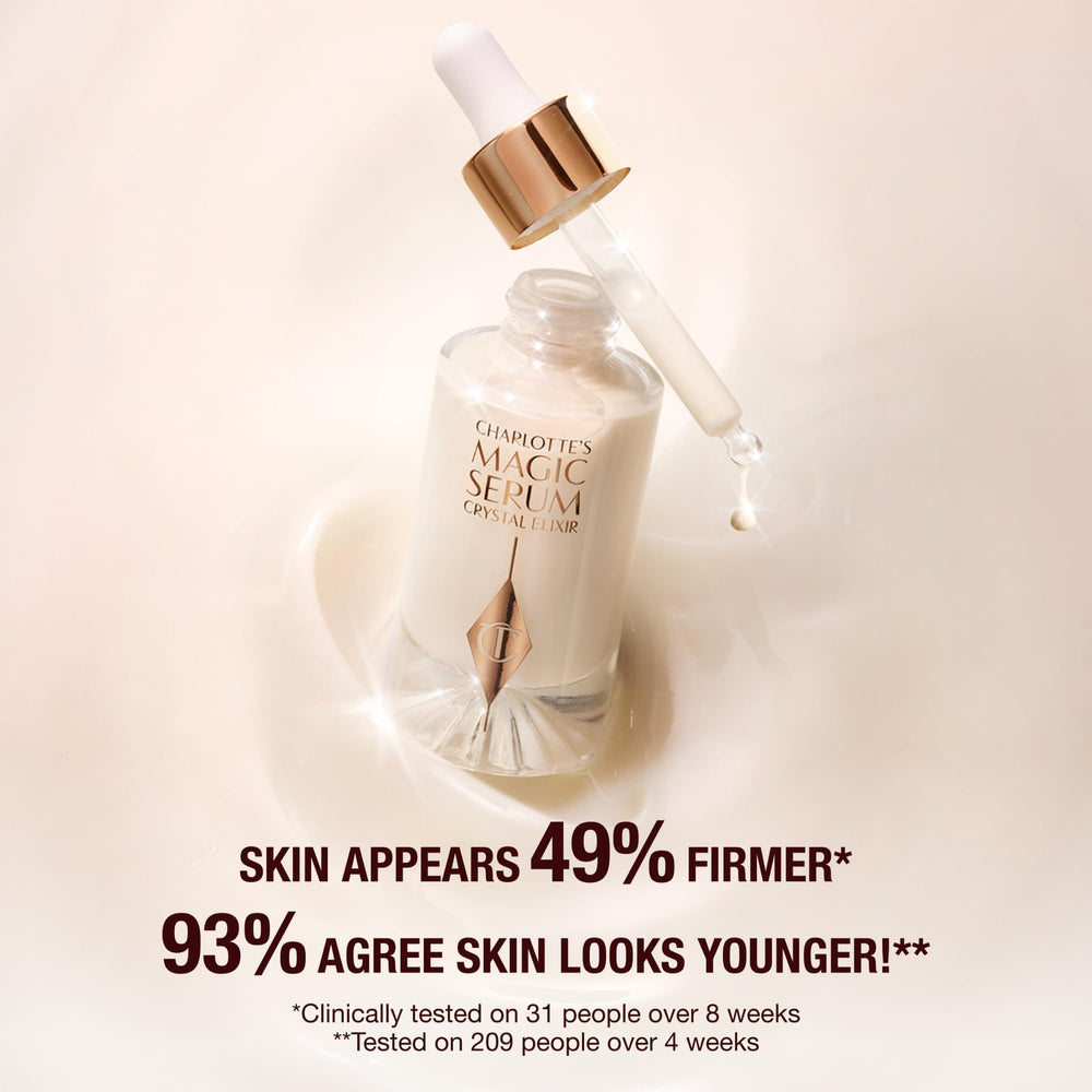 Dispensing pump of Charlotte Tilbury Magic Serum Crystal Elixir for smooth, hydrated skin prep
