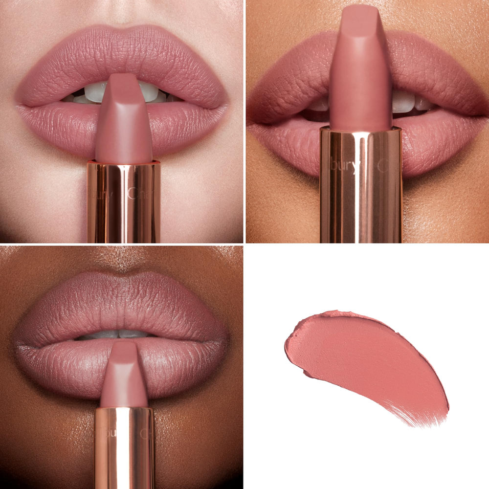 Charlotte Tilbury Matte Revolution Pillow Talk Original lip swatch shows nude-pink shade for everyday wear