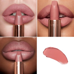 Charlotte Tilbury Matte Revolution Pillow Talk Original lip swatch shows nude-pink shade for everyday wear