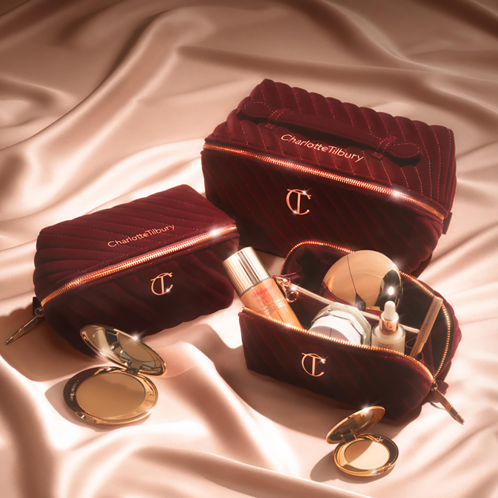 Charlotte Tilbury night crimson velvet exterior adds elegant vanity appeal on any dresser.