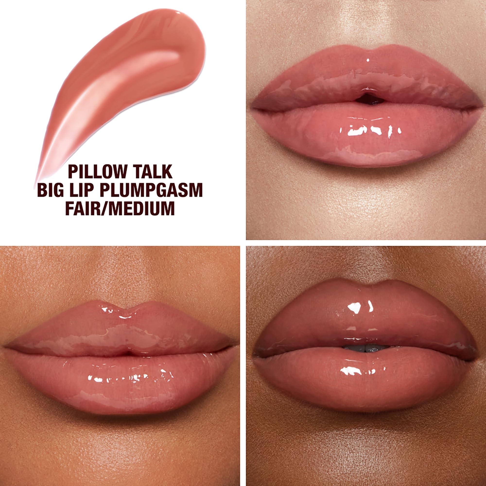 Charlotte Tilbury Pillow Talk Plumpgasm pink nude shade on lips for universal wear.