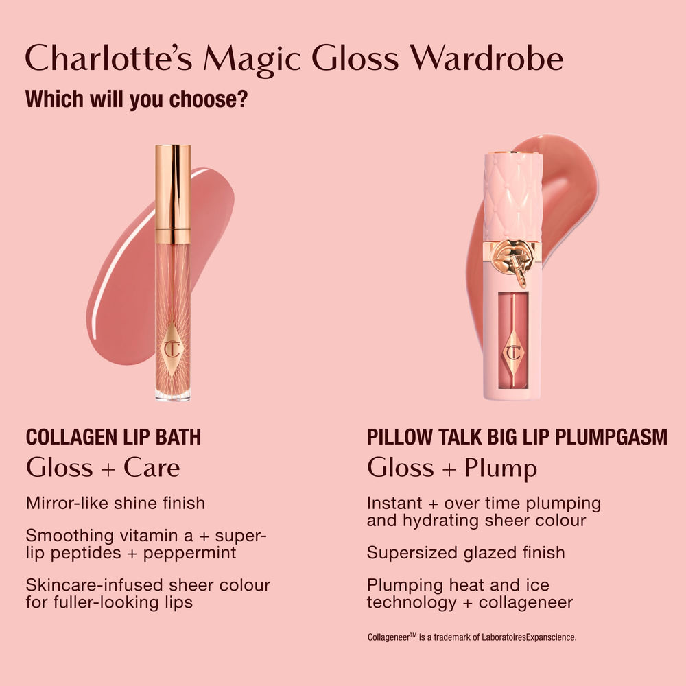 Charlotte Tilbury Pillow Talk Plumpgasm enriched with hyaluronic acid for hydration.