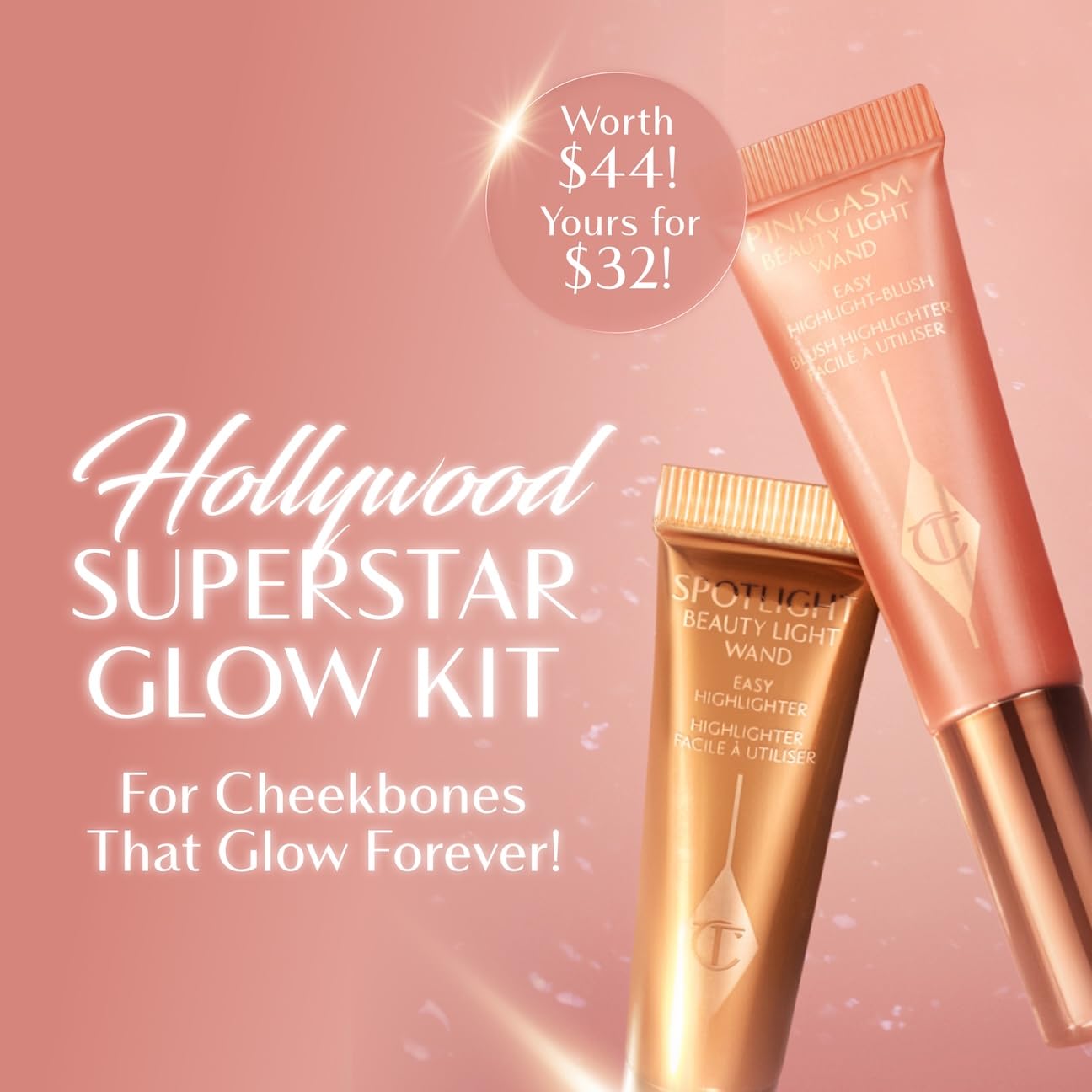 Charlotte Tilbury Spotlight wand highlights cheekbones with dewy shine.