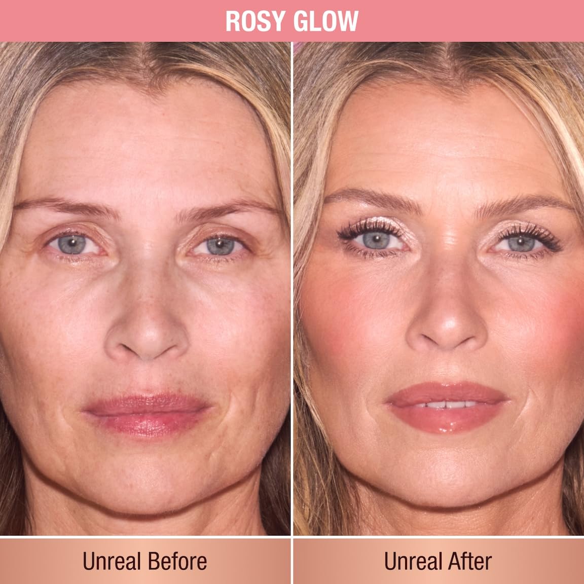 Charlotte Tilbury Unreal Healthy Glow Blush Stick Peach Glow swatch shows buildable warmth