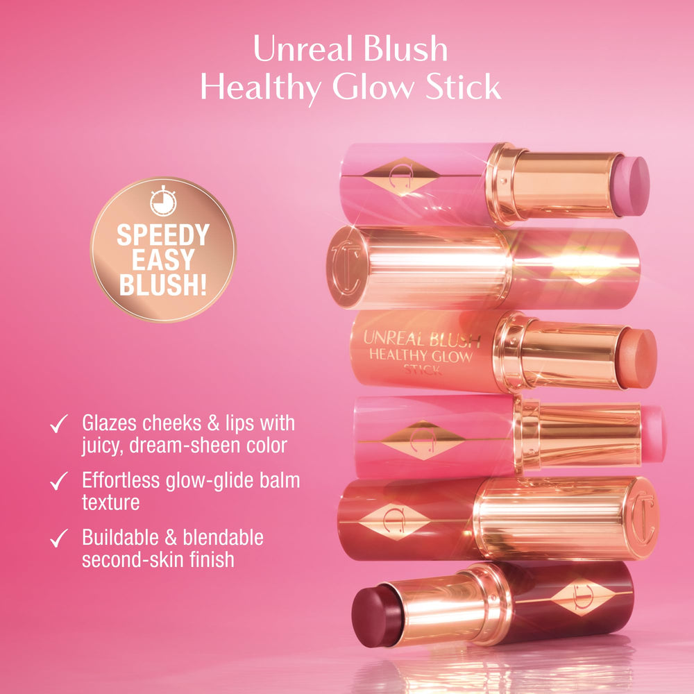 Charlotte Tilbury Unreal Healthy Glow Blush Stick Pink Bliss application on skin with soft glow