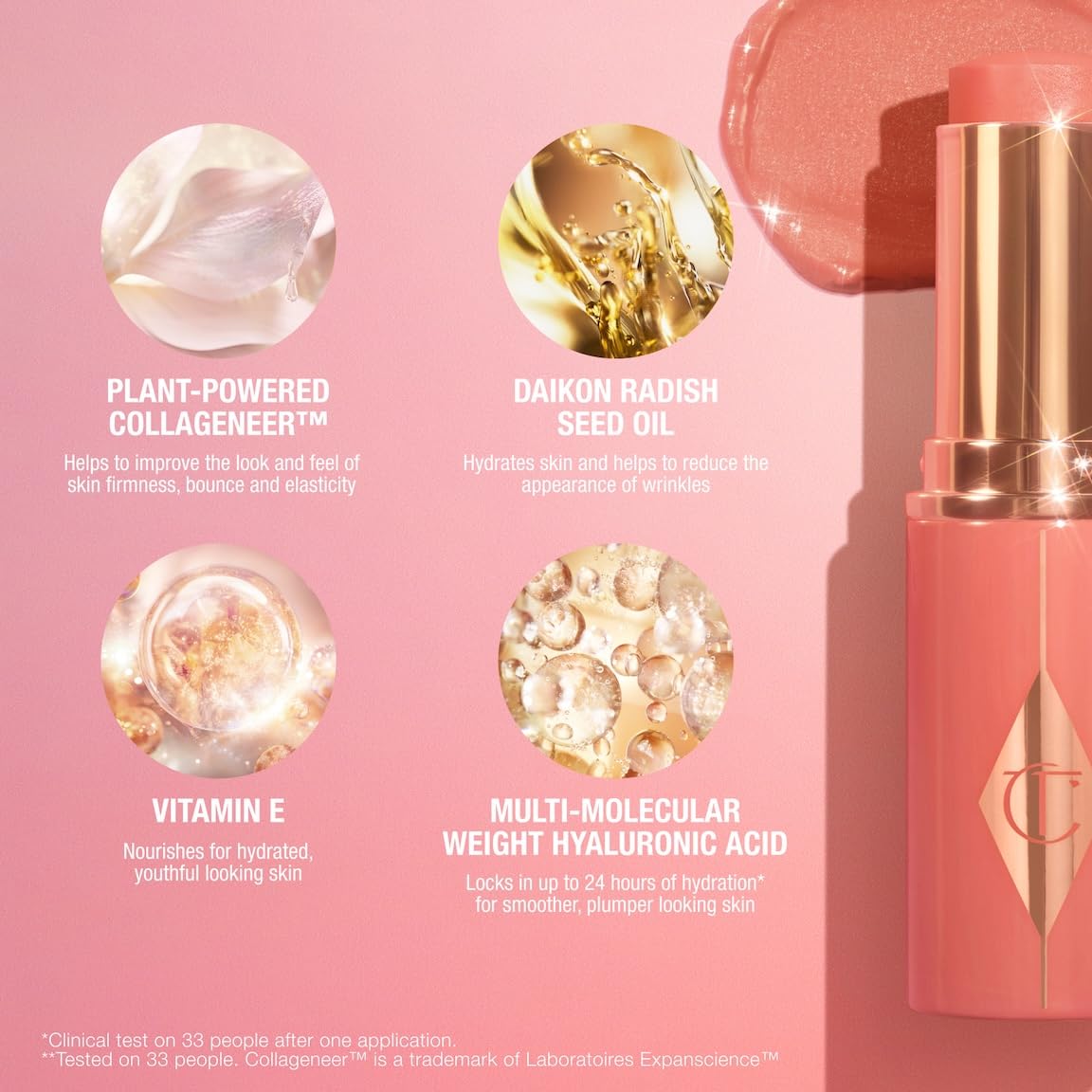 Charlotte Tilbury Unreal Healthy Glow Blush Stick six-shades palette display and versatility