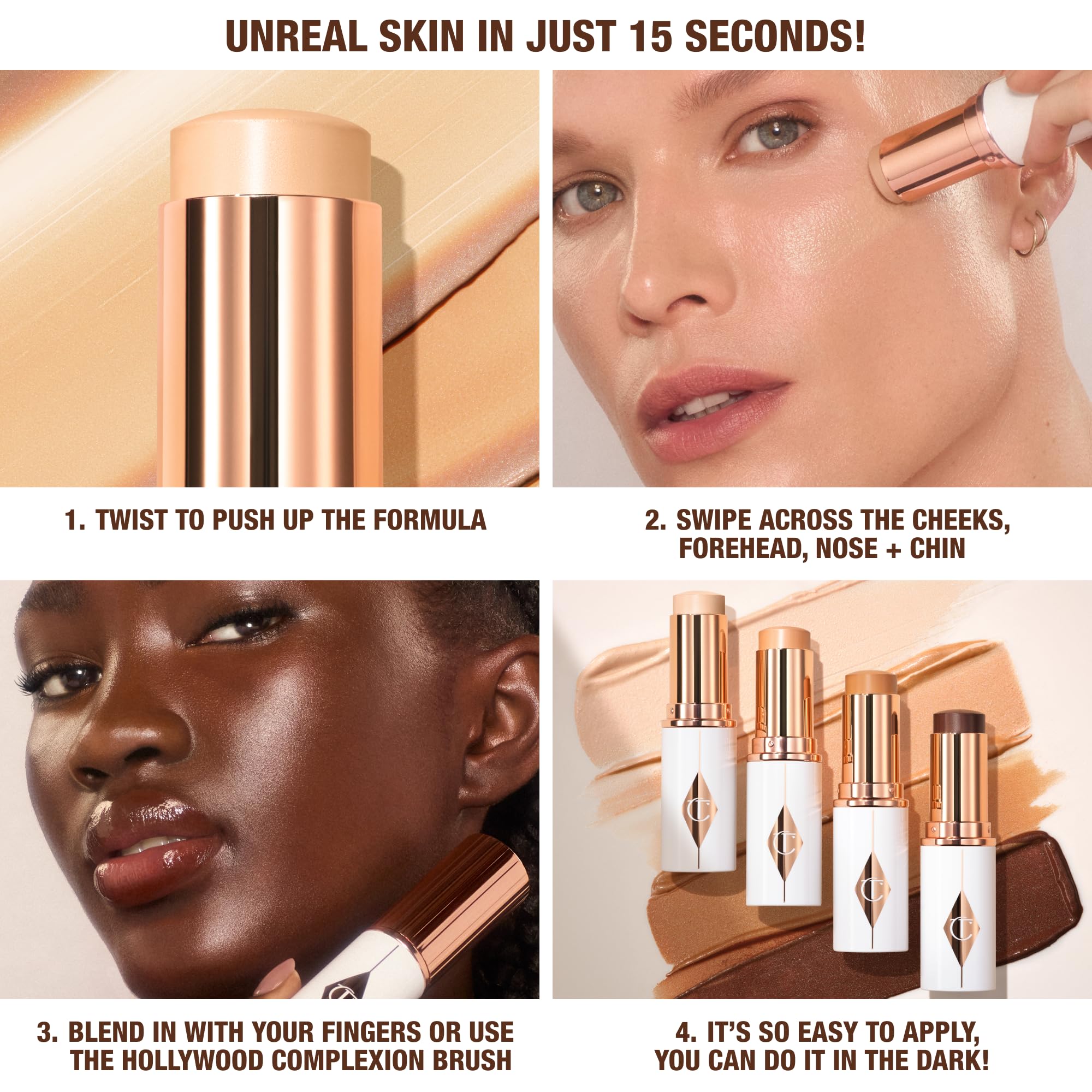 Charlotte Tilbury Unreal Skin Tint Cream formula swatch highlighting micro-pearlescent glow.