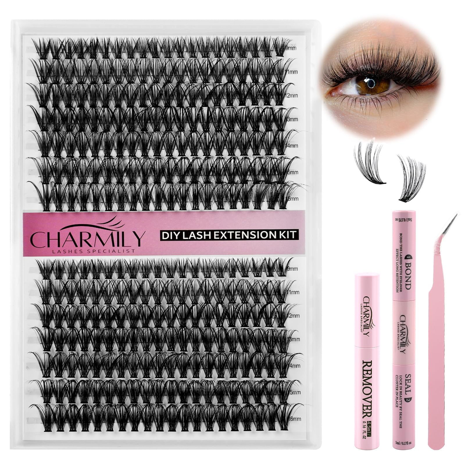 Charmily DIY Lash Extension Kit packaging showing contents for home use.