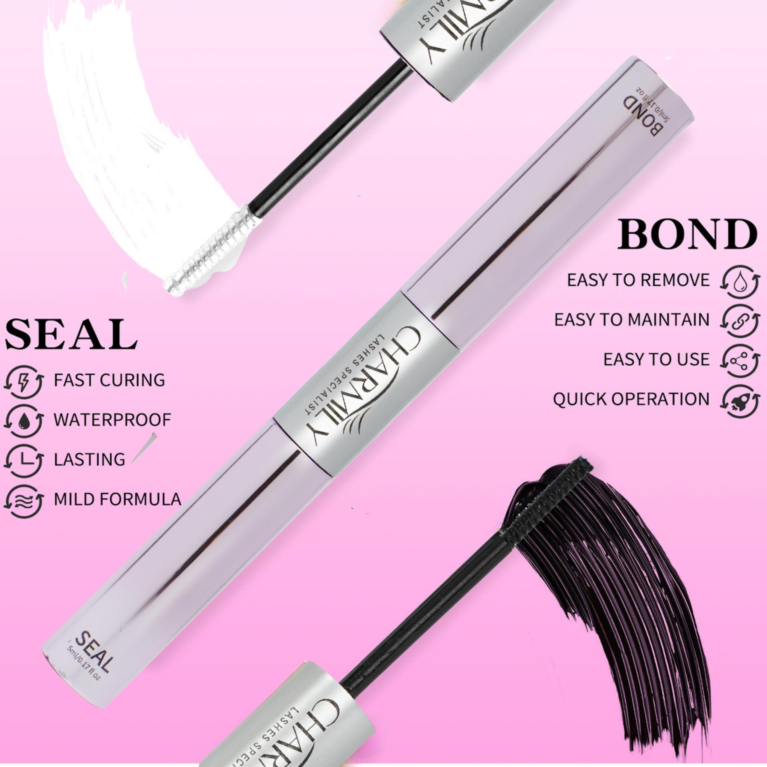 Charmily Lash Cluster Glue dual-ended application setup highlights bond and seal workflow.