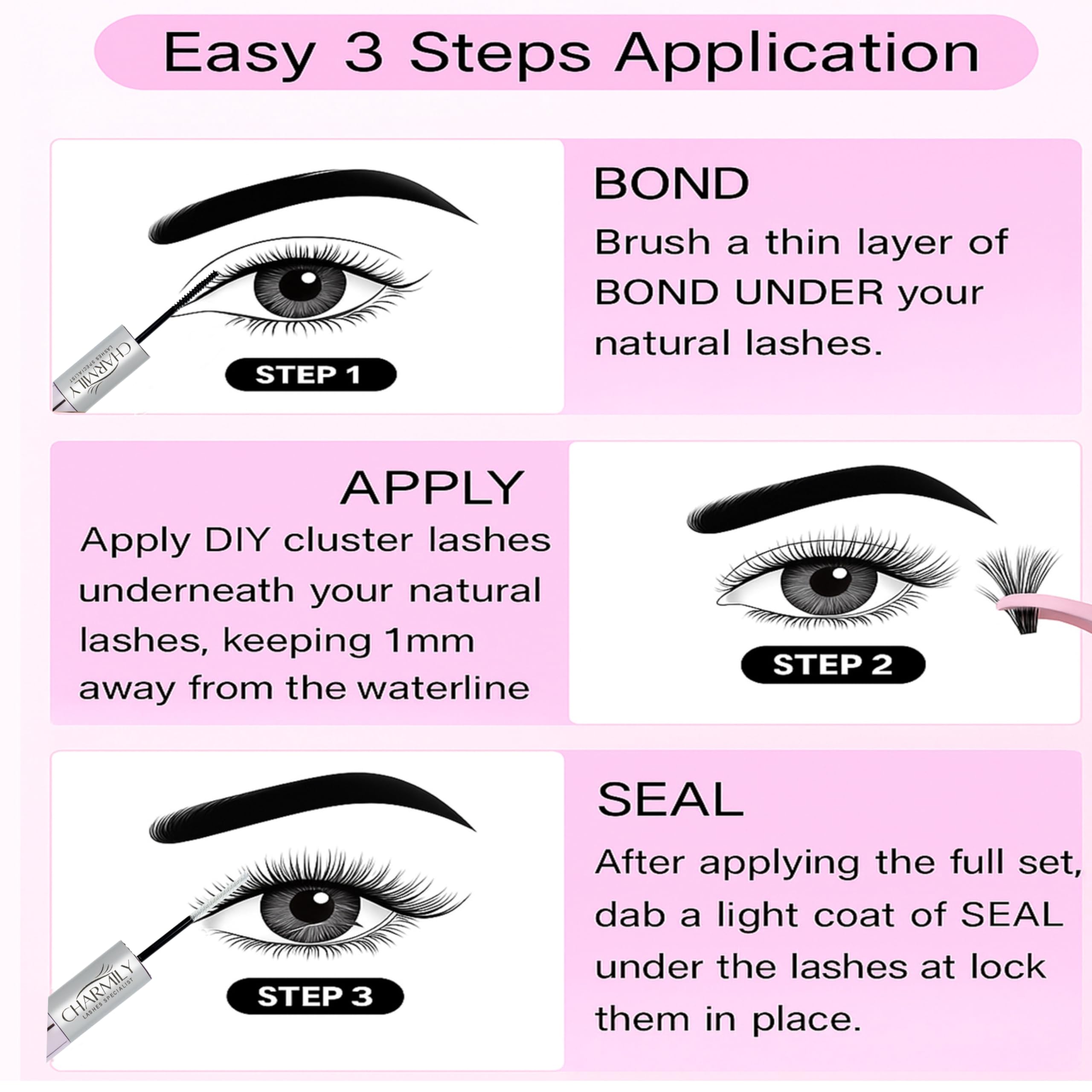 Charmily Lash Cluster Glue packaging displaying 5ml+5ml bottles for long use.