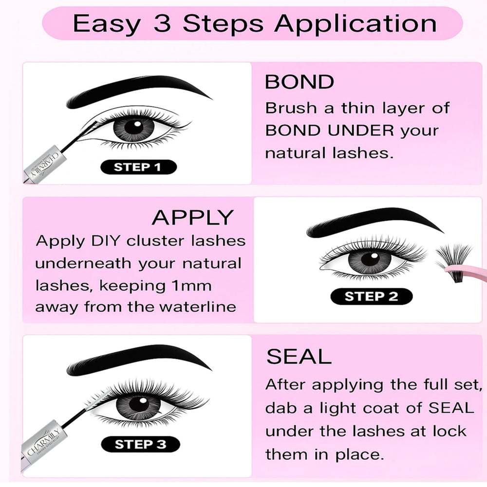 Charmily Lash Cluster Glue packaging displaying 5ml+5ml bottles for long use.