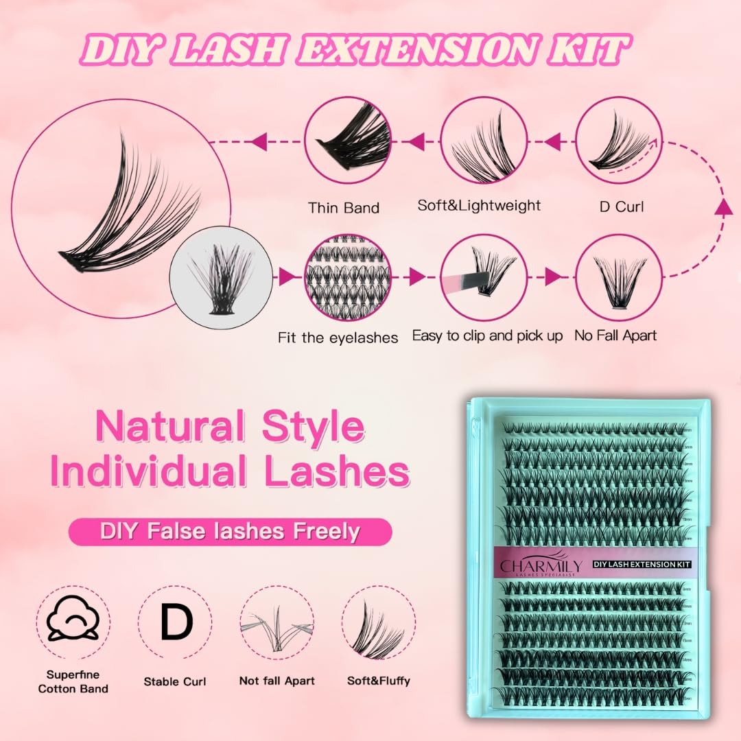 Charmily 60D-80D lash cluster mix close-up for versatile styles.