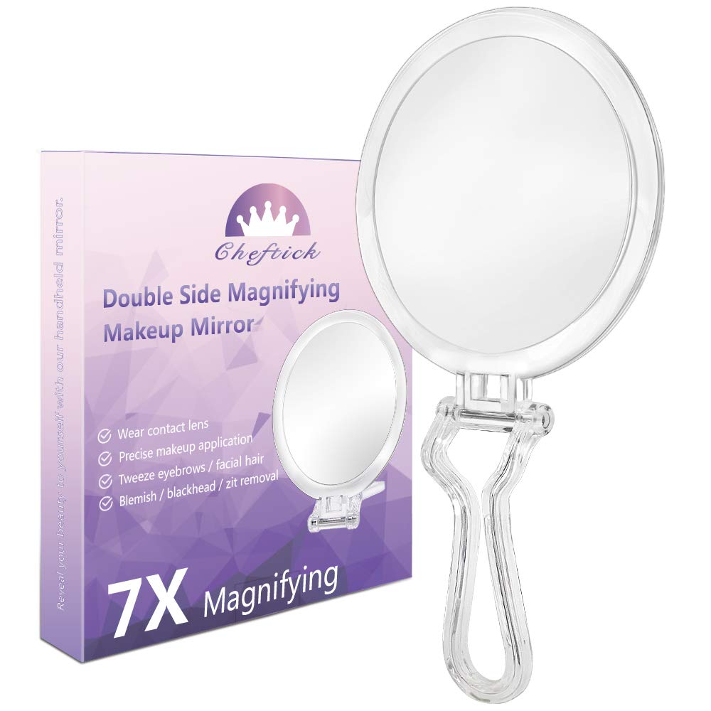 Cheftick double-sided mirror offers 7x detail for makeup checks.