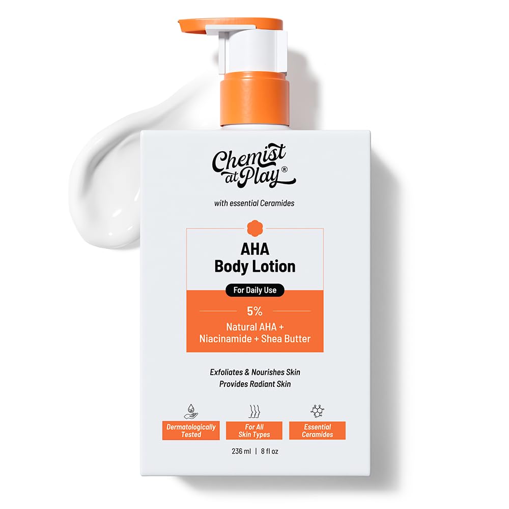 Loción Corporal AHA de Chemist at Play, botella volcada para resaltar exfoliación suave.