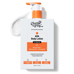 Loción Corporal AHA de Chemist at Play, botella volcada para resaltar exfoliación suave.